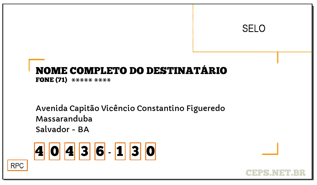 CEP SALVADOR - BA, DDD 71, CEP 40436130, AVENIDA CAPITÃO VICÊNCIO CONSTANTINO FIGUEREDO, BAIRRO MASSARANDUBA.