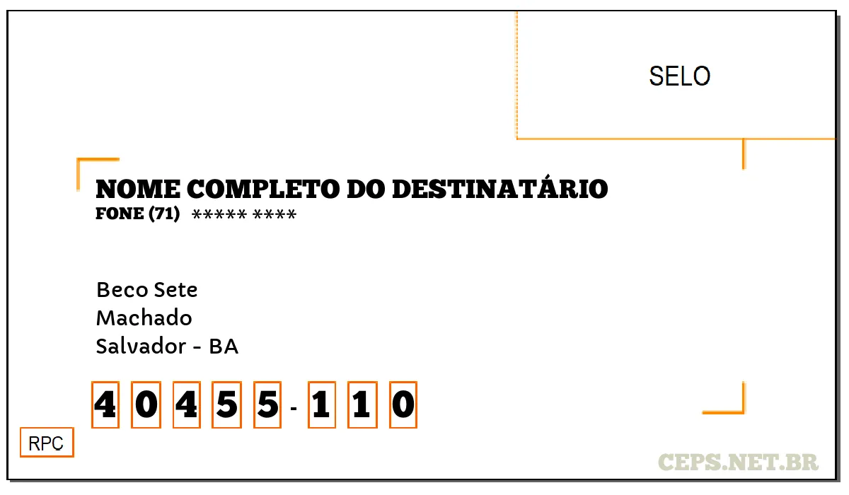 CEP SALVADOR - BA, DDD 71, CEP 40455110, BECO SETE, BAIRRO MACHADO.