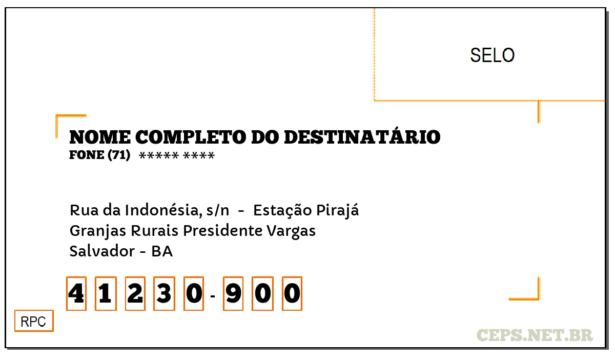 CEP SALVADOR - BA, DDD 71, CEP 41230900, RUA DA INDONÉSIA, S/N , BAIRRO GRANJAS RURAIS PRESIDENTE VARGAS.