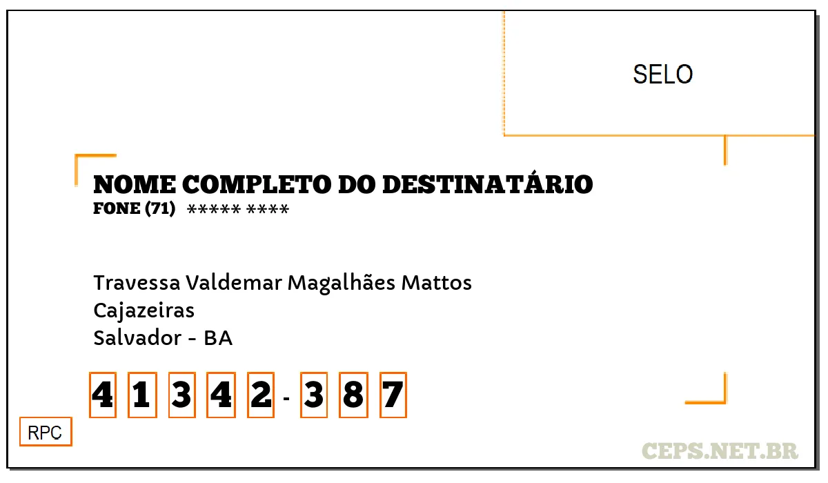 CEP SALVADOR - BA, DDD 71, CEP 41342387, TRAVESSA VALDEMAR MAGALHÃES MATTOS, BAIRRO CAJAZEIRAS.