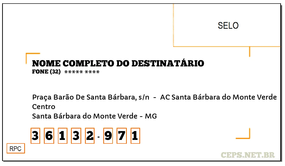 CEP SANTA BÁRBARA DO MONTE VERDE - MG, DDD 32, CEP 36132971, PRAÇA BARÃO DE SANTA BÁRBARA, S/N , BAIRRO CENTRO.