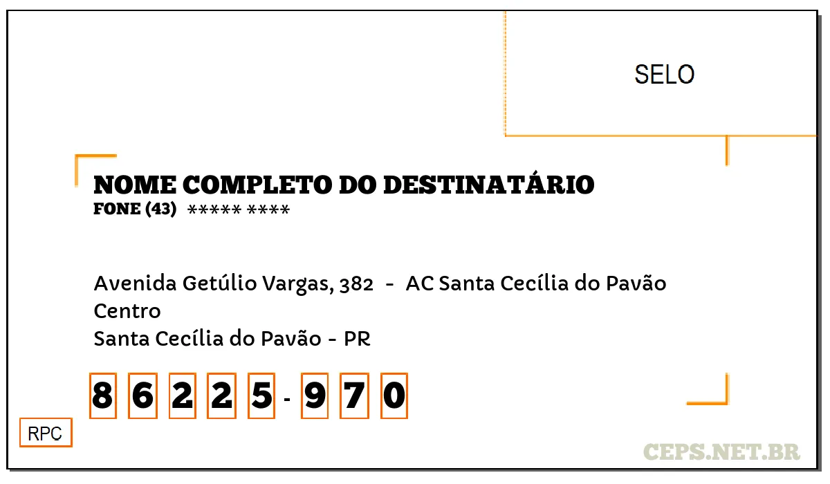 CEP SANTA CECÍLIA DO PAVÃO - PR, DDD 43, CEP 86225970, AVENIDA GETÚLIO VARGAS, 382 , BAIRRO CENTRO.