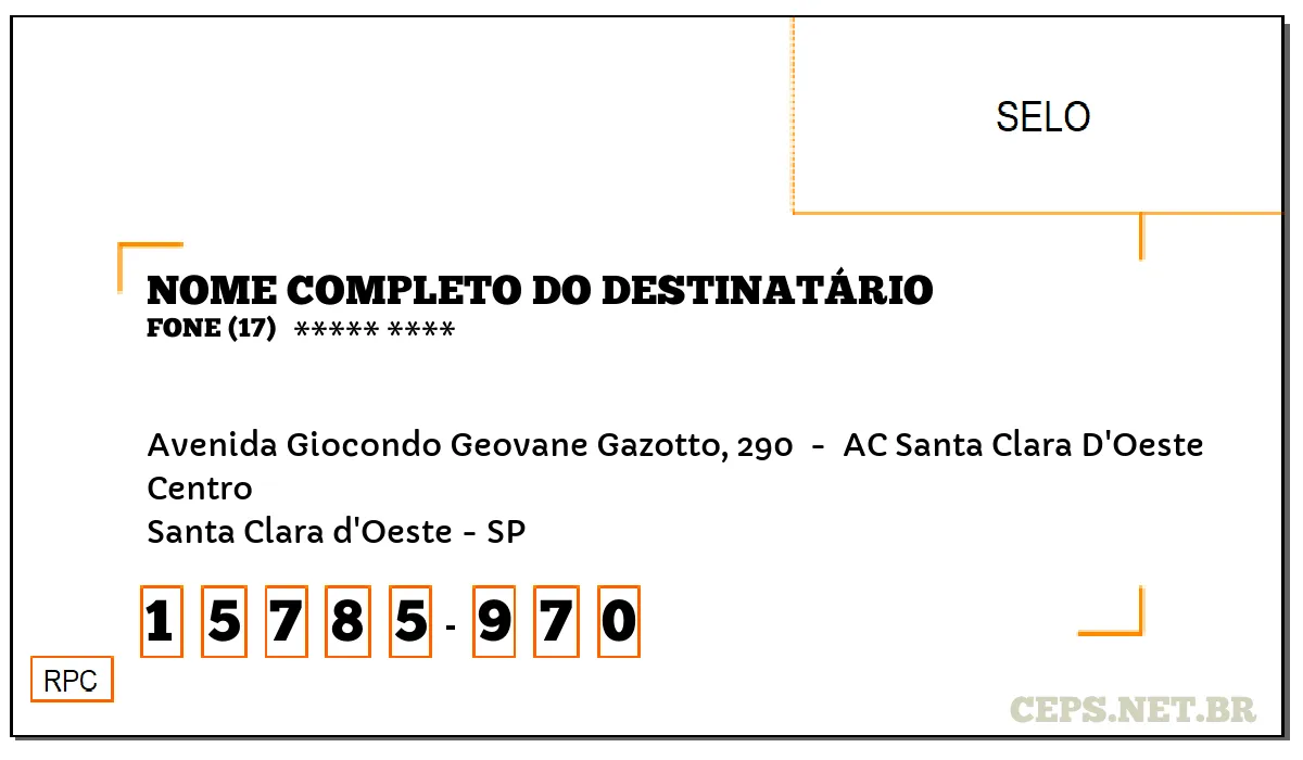 CEP SANTA CLARA D'OESTE - SP, DDD 17, CEP 15785970, AVENIDA GIOCONDO GEOVANE GAZOTTO, 290 , BAIRRO CENTRO.