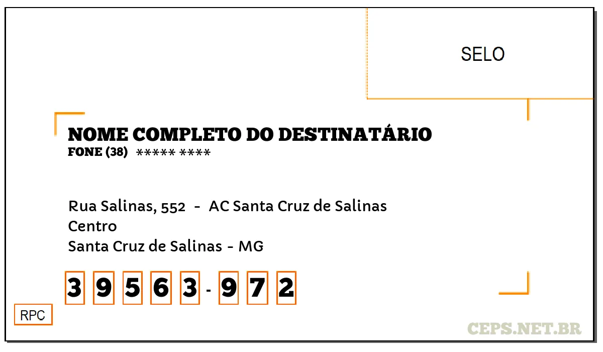 CEP SANTA CRUZ DE SALINAS - MG, DDD 38, CEP 39563972, RUA SALINAS, 552 , BAIRRO CENTRO.