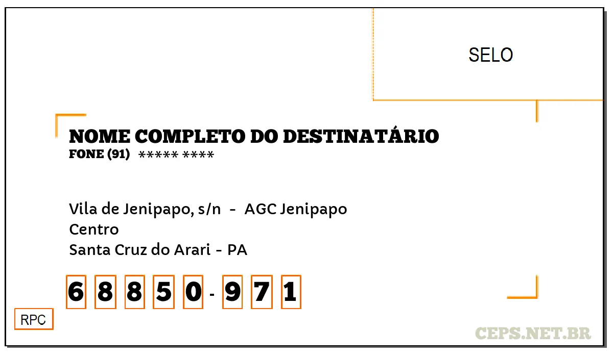 CEP SANTA CRUZ DO ARARI - PA, DDD 91, CEP 68850971, VILA DE JENIPAPO, S/N , BAIRRO CENTRO.