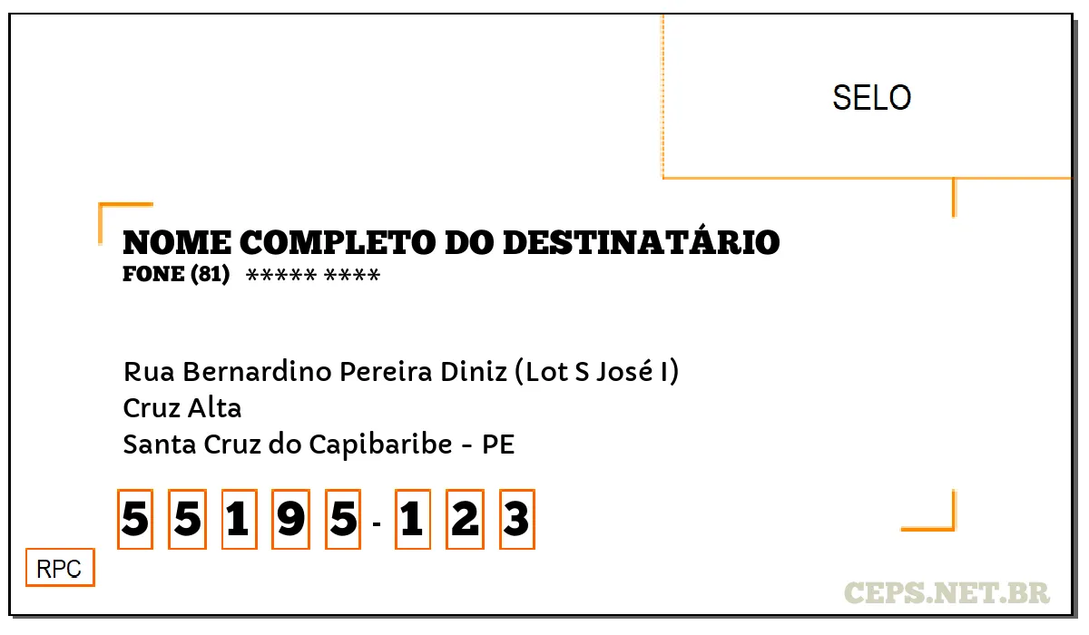 CEP SANTA CRUZ DO CAPIBARIBE - PE, DDD 81, CEP 55195123, RUA BERNARDINO PEREIRA DINIZ (LOT S JOSÉ I), BAIRRO CRUZ ALTA.