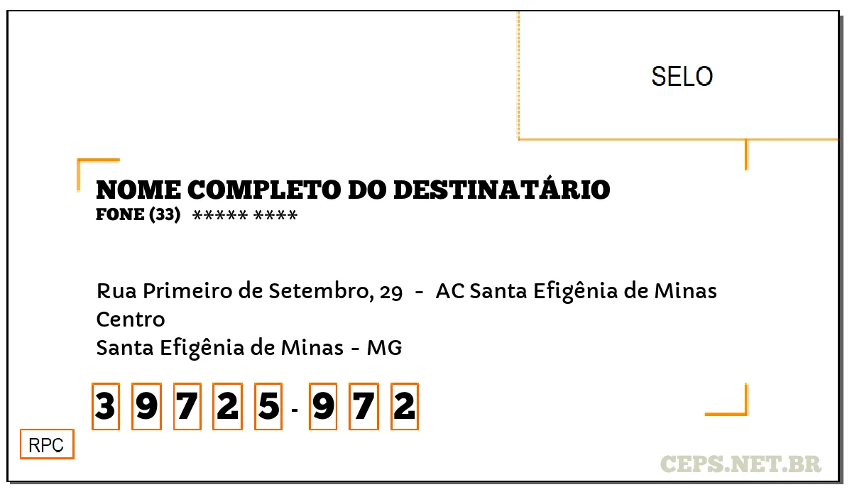 CEP SANTA EFIGÊNIA DE MINAS - MG, DDD 33, CEP 39725972, RUA PRIMEIRO DE SETEMBRO, 29 , BAIRRO CENTRO.