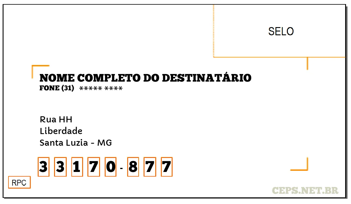 CEP SANTA LUZIA - MG, DDD 31, CEP 33170877, RUA HH, BAIRRO LIBERDADE.