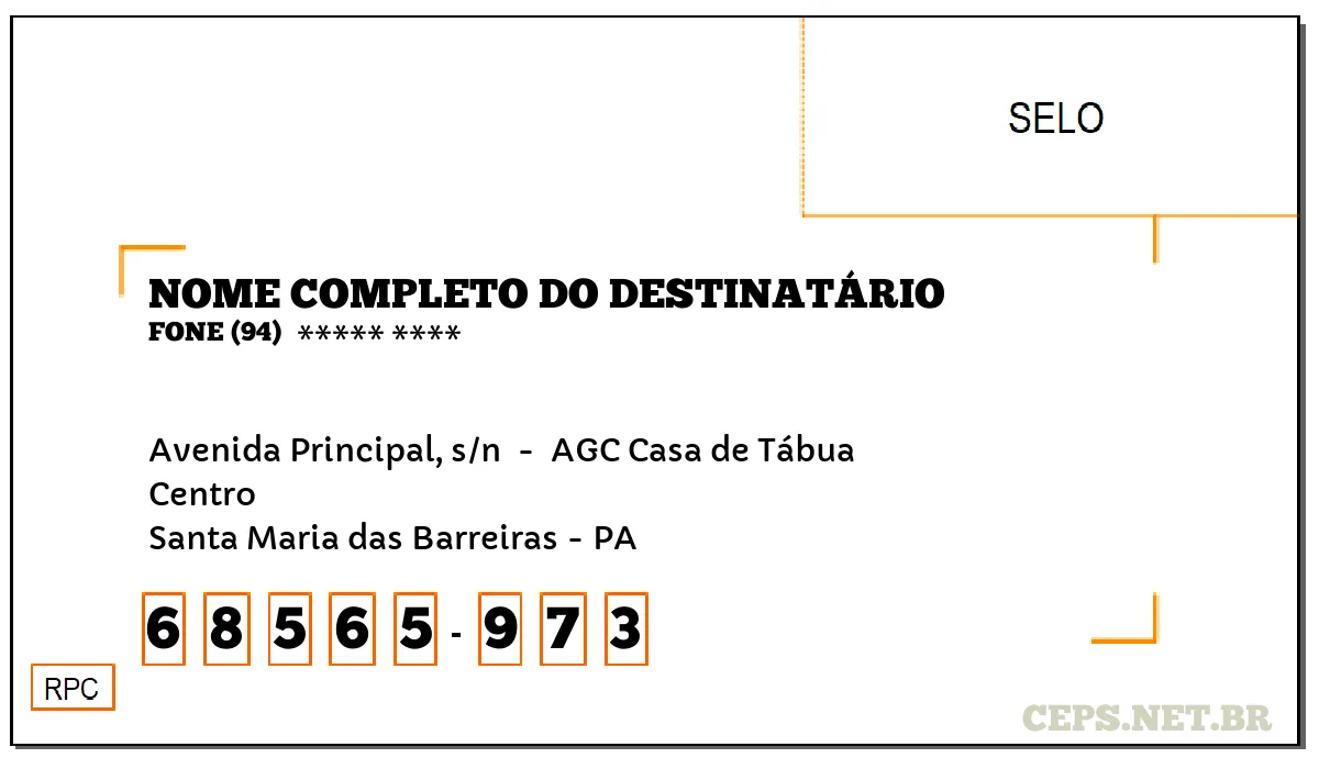 CEP SANTA MARIA DAS BARREIRAS - PA, DDD 94, CEP 68565973, AVENIDA PRINCIPAL, S/N , BAIRRO CENTRO.