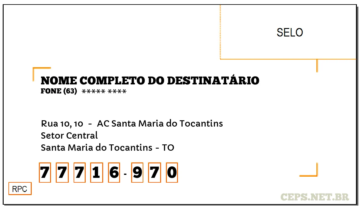 CEP SANTA MARIA DO TOCANTINS - TO, DDD 63, CEP 77716970, RUA 10, 10 , BAIRRO SETOR CENTRAL.