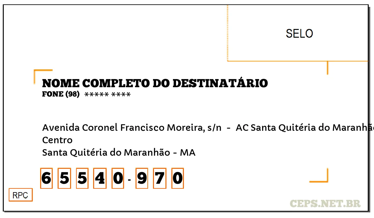 CEP SANTA QUITÉRIA DO MARANHÃO - MA, DDD 98, CEP 65540970, AVENIDA CORONEL FRANCISCO MOREIRA, S/N , BAIRRO CENTRO.