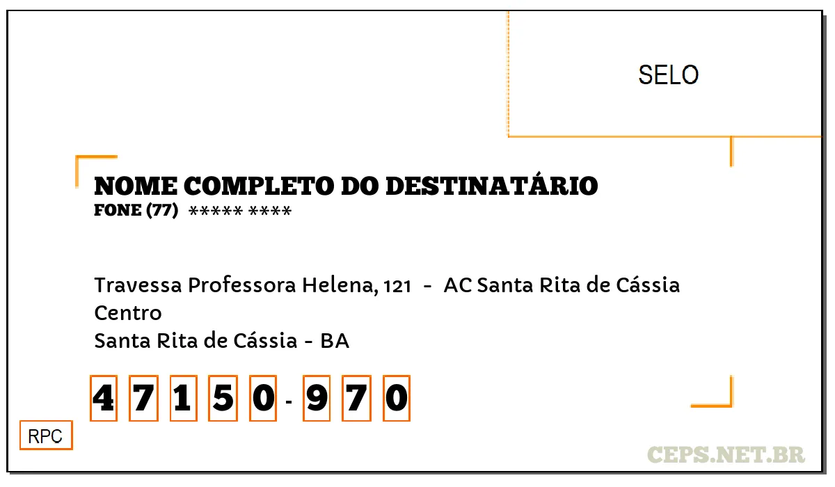 CEP SANTA RITA DE CÁSSIA - BA, DDD 77, CEP 47150970, TRAVESSA PROFESSORA HELENA, 121 , BAIRRO CENTRO.