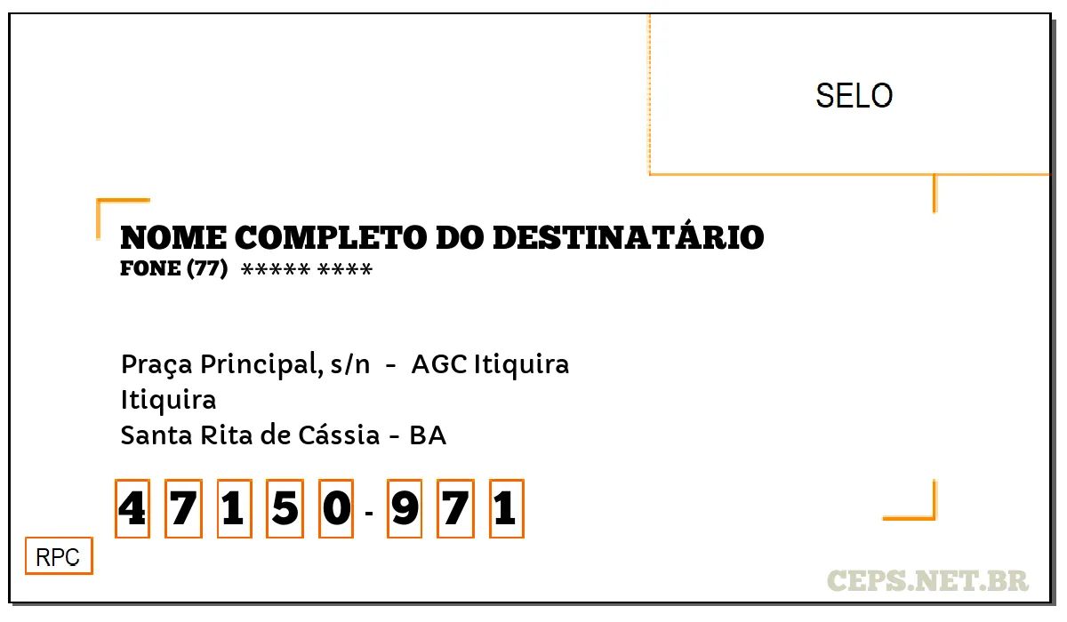 CEP SANTA RITA DE CÁSSIA - BA, DDD 77, CEP 47150971, PRAÇA PRINCIPAL, S/N , BAIRRO ITIQUIRA.