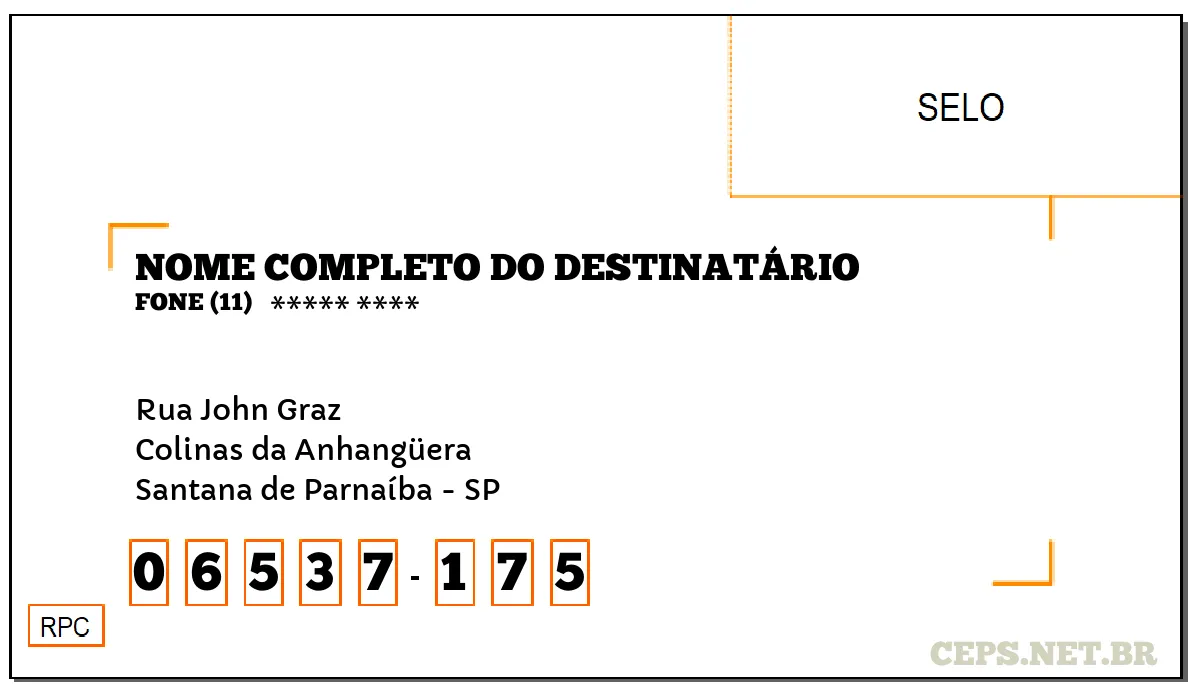 CEP SANTANA DE PARNAÍBA - SP, DDD 11, CEP 06537175, RUA JOHN GRAZ, BAIRRO COLINAS DA ANHANGÜERA.