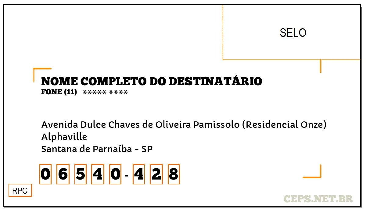 CEP SANTANA DE PARNAÍBA - SP, DDD 11, CEP 06540428, AVENIDA DULCE CHAVES DE OLIVEIRA PAMISSOLO (RESIDENCIAL ONZE), BAIRRO ALPHAVILLE.