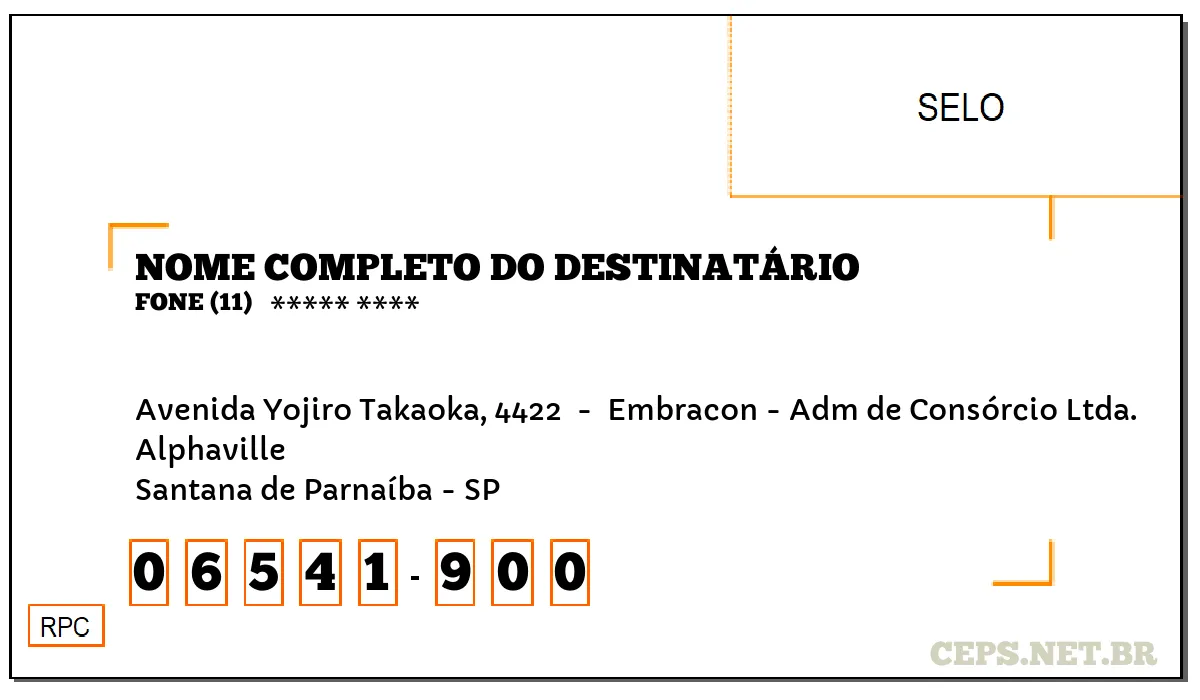 CEP SANTANA DE PARNAÍBA - SP, DDD 11, CEP 06541900, AVENIDA YOJIRO TAKAOKA, 4422 , BAIRRO ALPHAVILLE.
