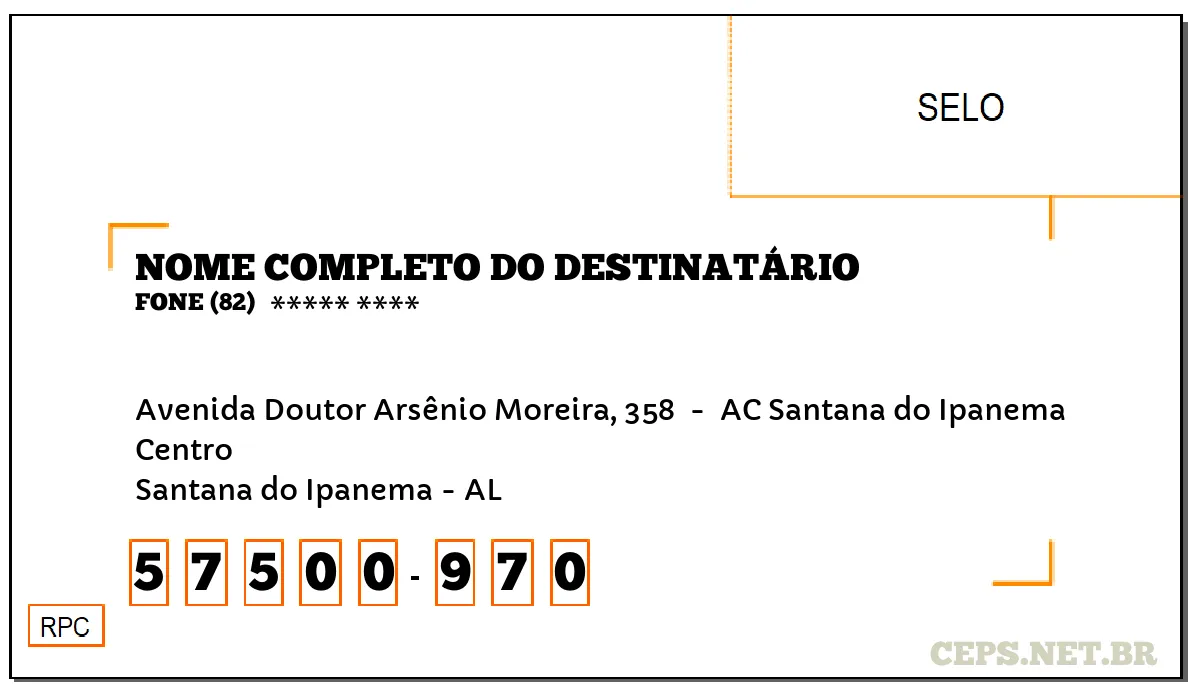 CEP SANTANA DO IPANEMA - AL, DDD 82, CEP 57500970, AVENIDA DOUTOR ARSÊNIO MOREIRA, 358 , BAIRRO CENTRO.