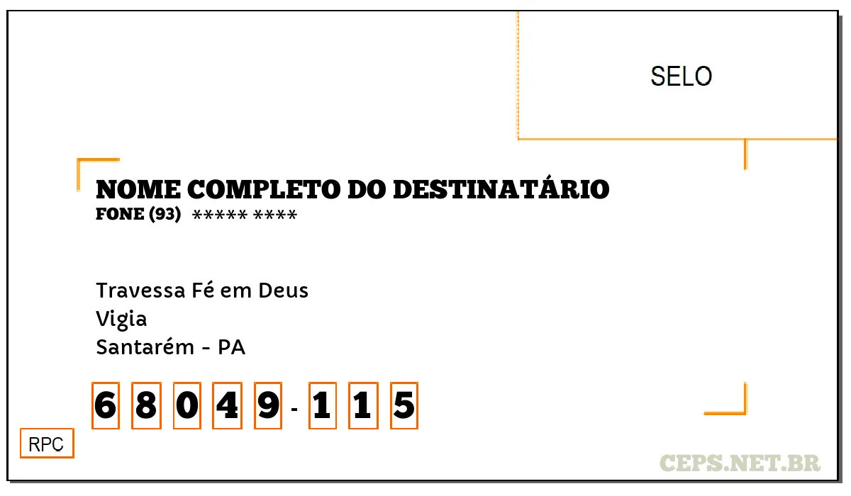 CEP SANTARÉM - PA, DDD 93, CEP 68049115, TRAVESSA FÉ EM DEUS, BAIRRO VIGIA.