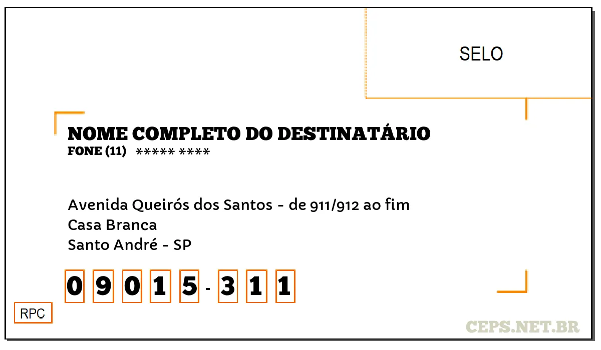 CEP SANTO ANDRÉ - SP, DDD 11, CEP 09015311, AVENIDA QUEIRÓS DOS SANTOS - DE 911/912 AO FIM, BAIRRO CASA BRANCA.