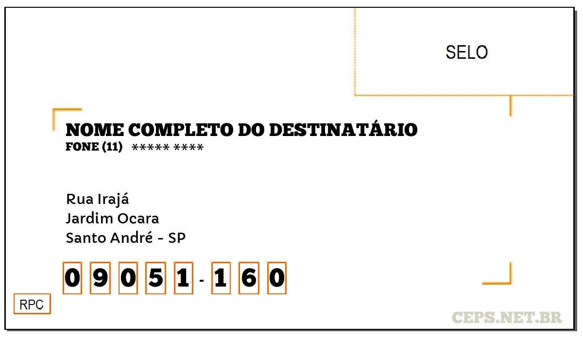 CEP SANTO ANDRÉ - SP, DDD 11, CEP 09051160, RUA IRAJÁ, BAIRRO JARDIM OCARA.