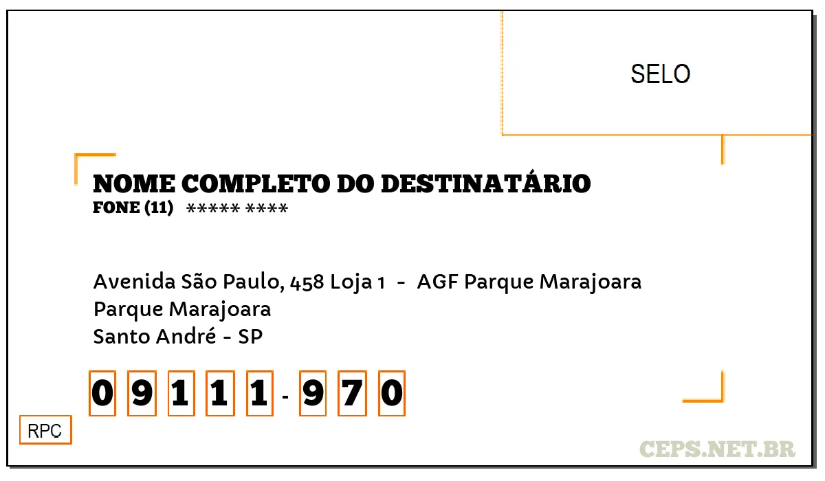 CEP SANTO ANDRÉ - SP, DDD 11, CEP 09111970, AVENIDA SÃO PAULO, 458 LOJA 1 , BAIRRO PARQUE MARAJOARA.