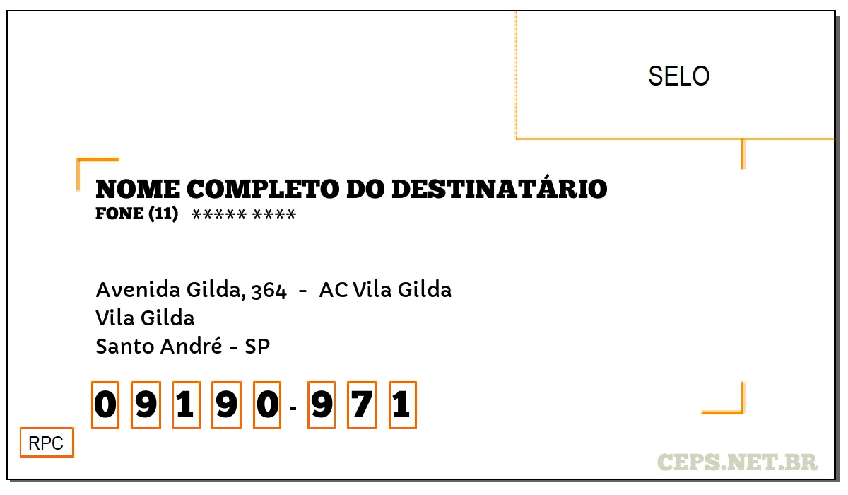 CEP SANTO ANDRÉ - SP, DDD 11, CEP 09190971, AVENIDA GILDA, 364 , BAIRRO VILA GILDA.