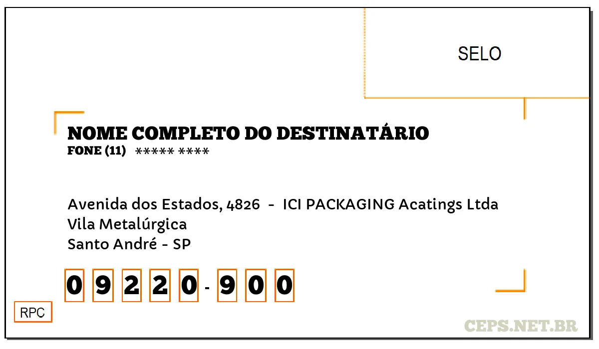 CEP SANTO ANDRÉ - SP, DDD 11, CEP 09220900, AVENIDA DOS ESTADOS, 4826 , BAIRRO VILA METALÚRGICA.