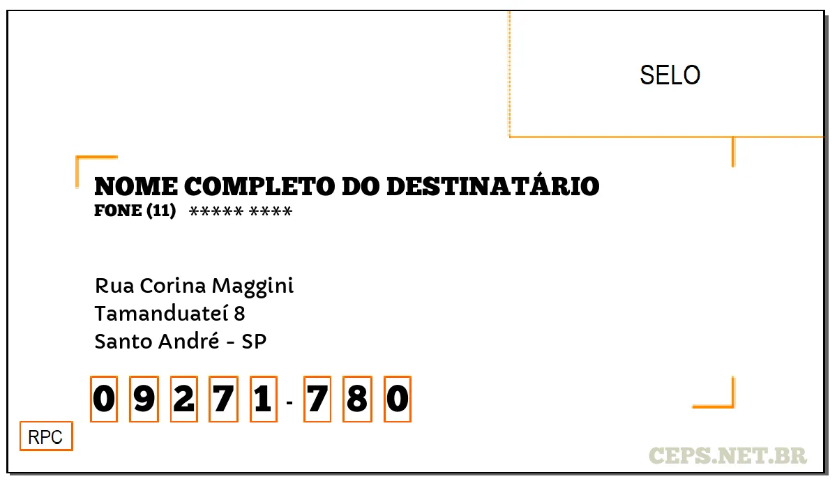 CEP SANTO ANDRÉ - SP, DDD 11, CEP 09271780, RUA CORINA MAGGINI, BAIRRO TAMANDUATEÍ 8.