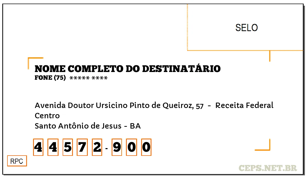 CEP SANTO ANTÔNIO DE JESUS - BA, DDD 75, CEP 44572900, AVENIDA DOUTOR URSICINO PINTO DE QUEIROZ, 57 , BAIRRO CENTRO.