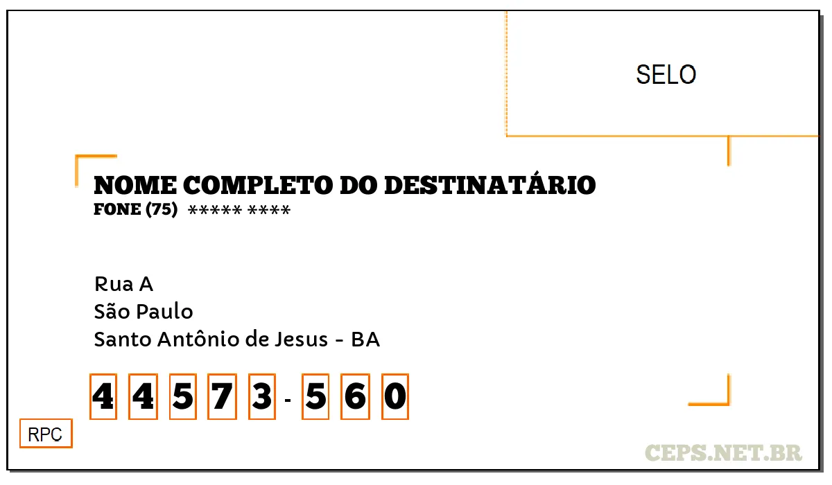 CEP SANTO ANTÔNIO DE JESUS - BA, DDD 75, CEP 44573560, RUA A, BAIRRO SÃO PAULO.