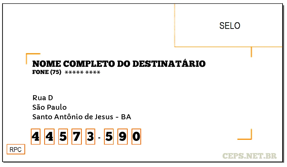 CEP SANTO ANTÔNIO DE JESUS - BA, DDD 75, CEP 44573590, RUA D, BAIRRO SÃO PAULO.