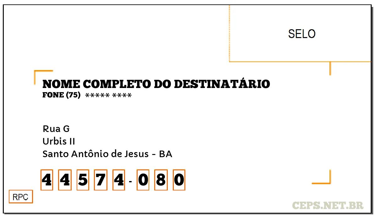 CEP SANTO ANTÔNIO DE JESUS - BA, DDD 75, CEP 44574080, RUA G, BAIRRO URBIS II.