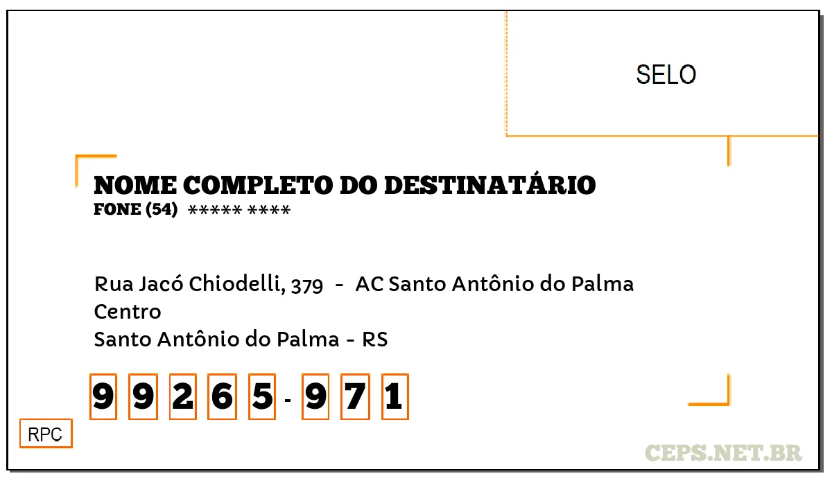 CEP SANTO ANTÔNIO DO PALMA - RS, DDD 54, CEP 99265971, RUA JACÓ CHIODELLI, 379 , BAIRRO CENTRO.