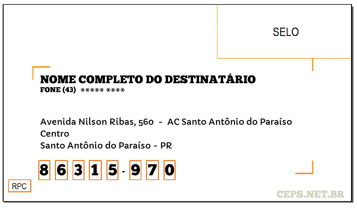 CEP SANTO ANTÔNIO DO PARAÍSO - PR, DDD 43, CEP 86315970, AVENIDA NILSON RIBAS, 560 , BAIRRO CENTRO.