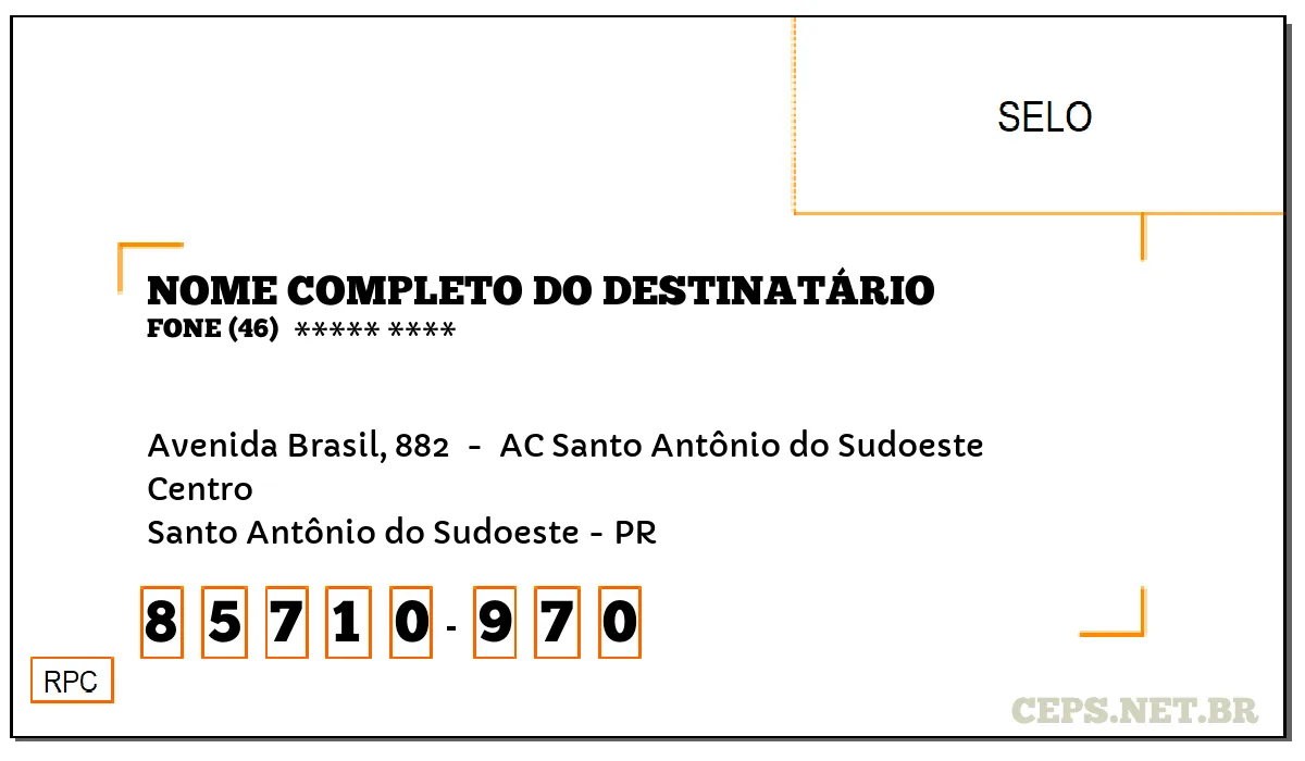 CEP SANTO ANTÔNIO DO SUDOESTE - PR, DDD 46, CEP 85710970, AVENIDA BRASIL, 882 , BAIRRO CENTRO.