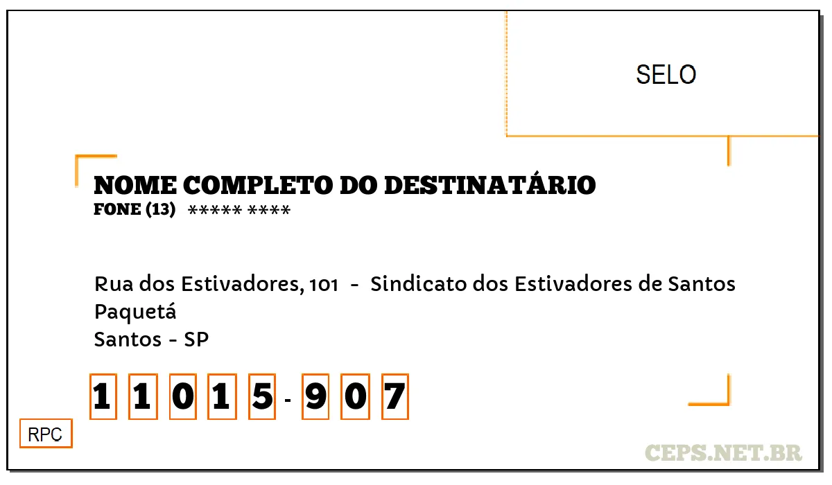 CEP SANTOS - SP, DDD 13, CEP 11015907, RUA DOS ESTIVADORES, 101 , BAIRRO PAQUETÁ.