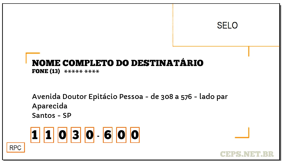 CEP SANTOS - SP, DDD 13, CEP 11030600, AVENIDA DOUTOR EPITÁCIO PESSOA - DE 308 A 576 - LADO PAR, BAIRRO APARECIDA.