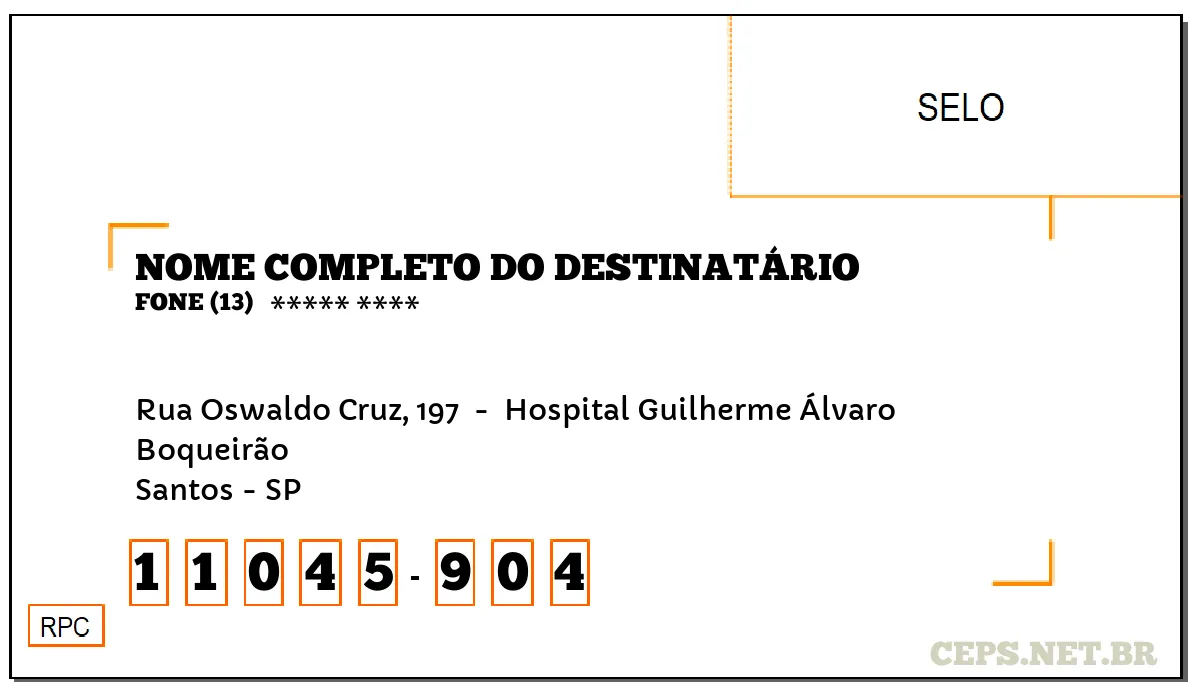 CEP SANTOS - SP, DDD 13, CEP 11045904, RUA OSWALDO CRUZ, 197 , BAIRRO BOQUEIRÃO.