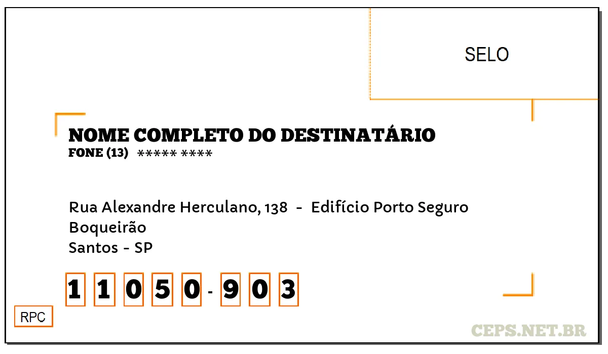 CEP SANTOS - SP, DDD 13, CEP 11050903, RUA ALEXANDRE HERCULANO, 138 , BAIRRO BOQUEIRÃO.