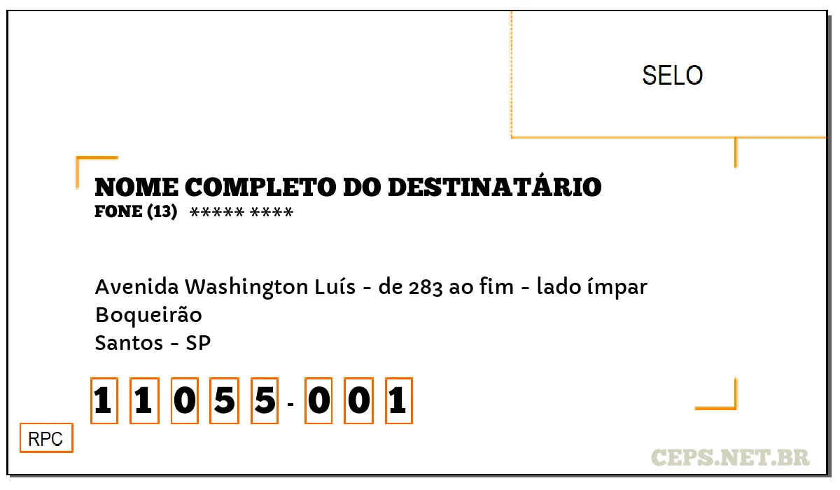 CEP SANTOS - SP, DDD 13, CEP 11055001, AVENIDA WASHINGTON LUÍS - DE 283 AO FIM - LADO ÍMPAR, BAIRRO BOQUEIRÃO.