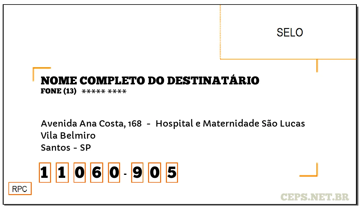 CEP SANTOS - SP, DDD 13, CEP 11060905, AVENIDA ANA COSTA, 168 , BAIRRO VILA BELMIRO.