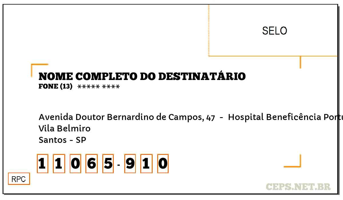 CEP SANTOS - SP, DDD 13, CEP 11065910, AVENIDA DOUTOR BERNARDINO DE CAMPOS, 47 , BAIRRO VILA BELMIRO.