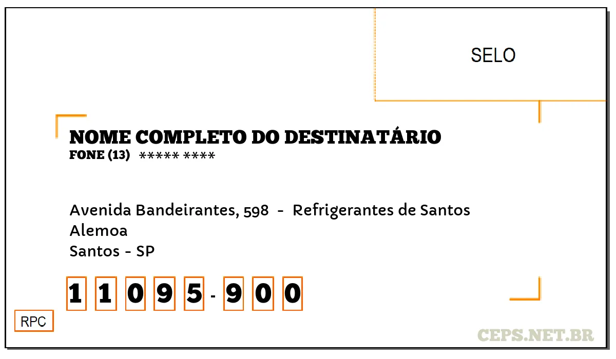 CEP SANTOS - SP, DDD 13, CEP 11095900, AVENIDA BANDEIRANTES, 598 , BAIRRO ALEMOA.