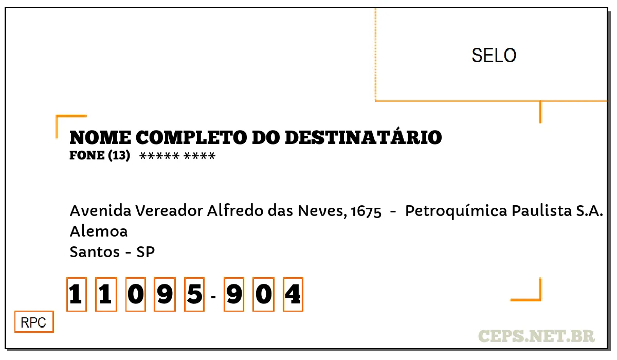 CEP SANTOS - SP, DDD 13, CEP 11095904, AVENIDA VEREADOR ALFREDO DAS NEVES, 1675 , BAIRRO ALEMOA.