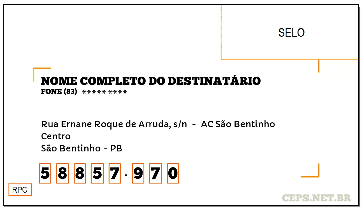 CEP SÃO BENTINHO - PB, DDD 83, CEP 58857970, RUA ERNANE ROQUE DE ARRUDA, S/N , BAIRRO CENTRO.
