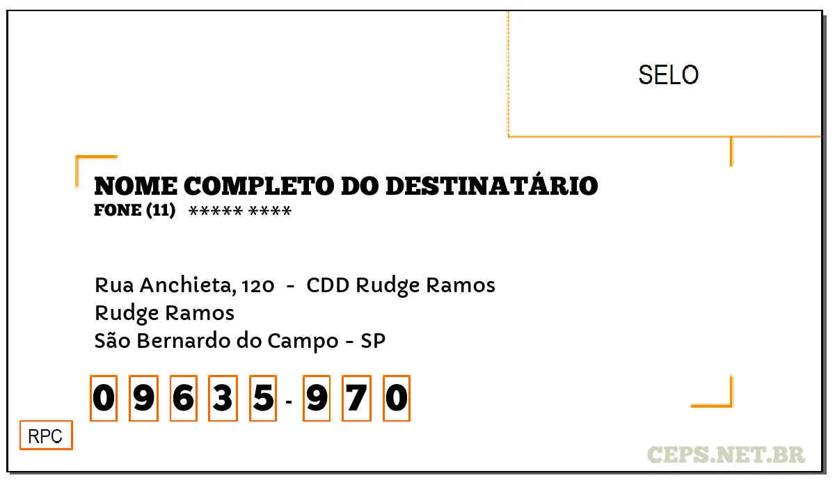 CEP SÃO BERNARDO DO CAMPO - SP, DDD 11, CEP 09635970, RUA ANCHIETA, 120 , BAIRRO RUDGE RAMOS.