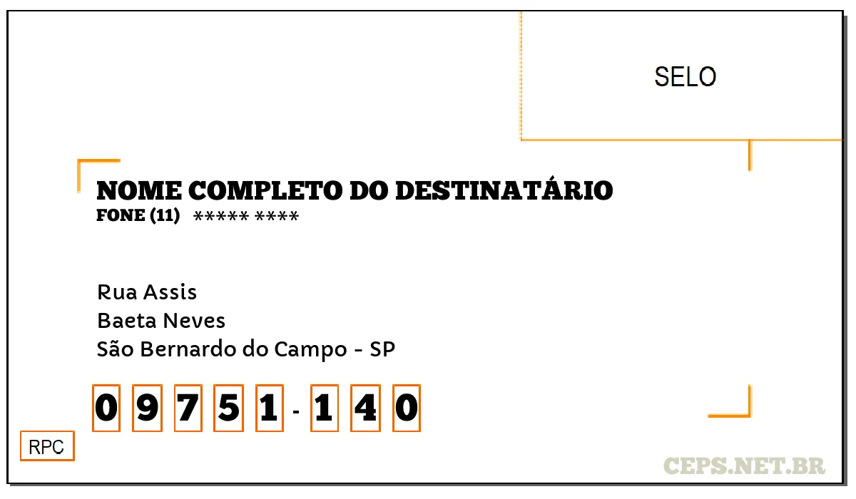 CEP SÃO BERNARDO DO CAMPO - SP, DDD 11, CEP 09751140, RUA ASSIS, BAIRRO BAETA NEVES.