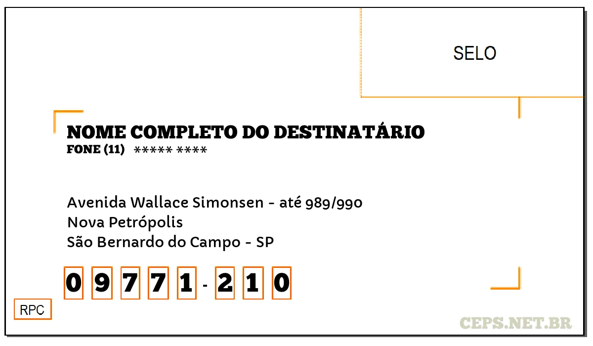 CEP SÃO BERNARDO DO CAMPO - SP, DDD 11, CEP 09771210, AVENIDA WALLACE SIMONSEN - ATÉ 989/990, BAIRRO NOVA PETRÓPOLIS.