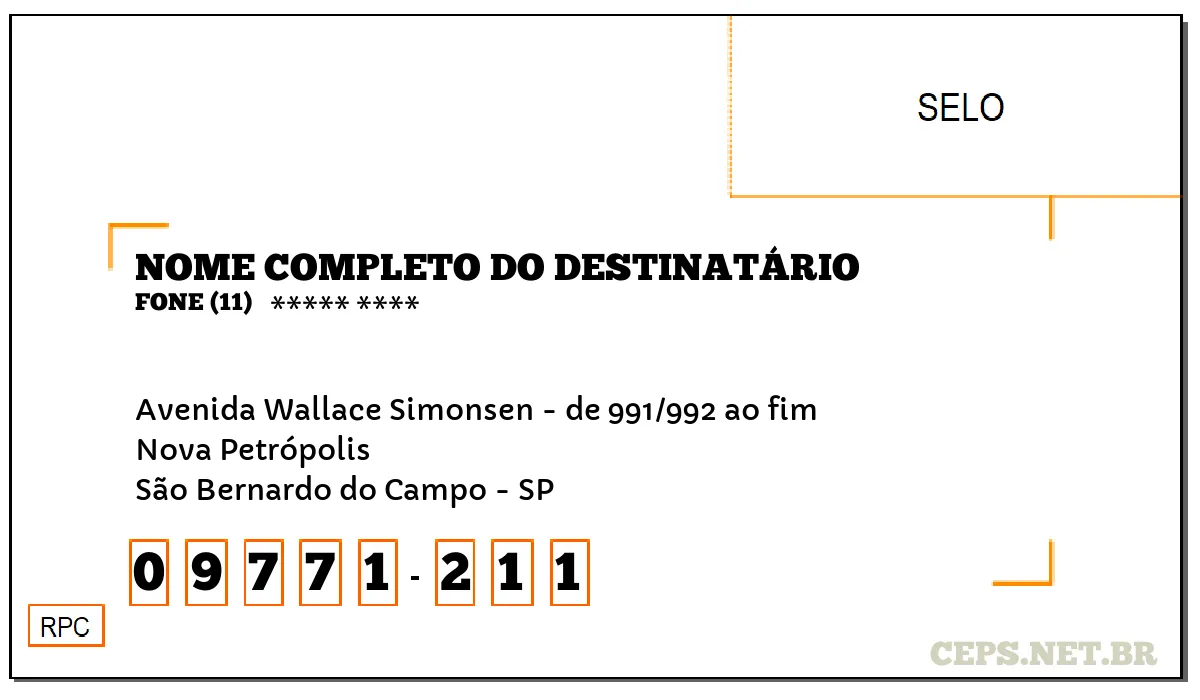 CEP SÃO BERNARDO DO CAMPO - SP, DDD 11, CEP 09771211, AVENIDA WALLACE SIMONSEN - DE 991/992 AO FIM, BAIRRO NOVA PETRÓPOLIS.