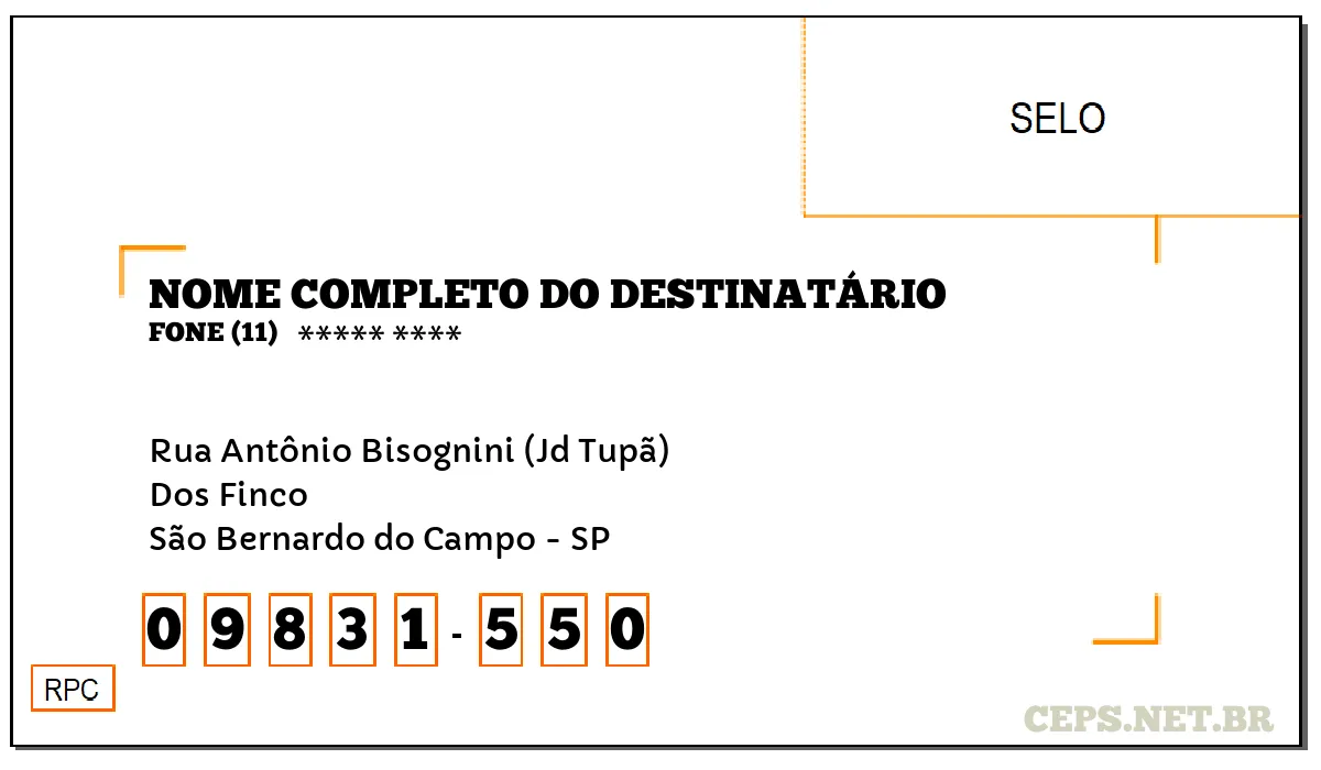 CEP SÃO BERNARDO DO CAMPO - SP, DDD 11, CEP 09831550, RUA ANTÔNIO BISOGNINI (JD TUPÃ), BAIRRO DOS FINCO.